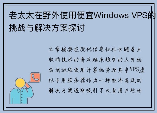 老太太在野外使用便宜Windows VPS的挑战与解决方案探讨